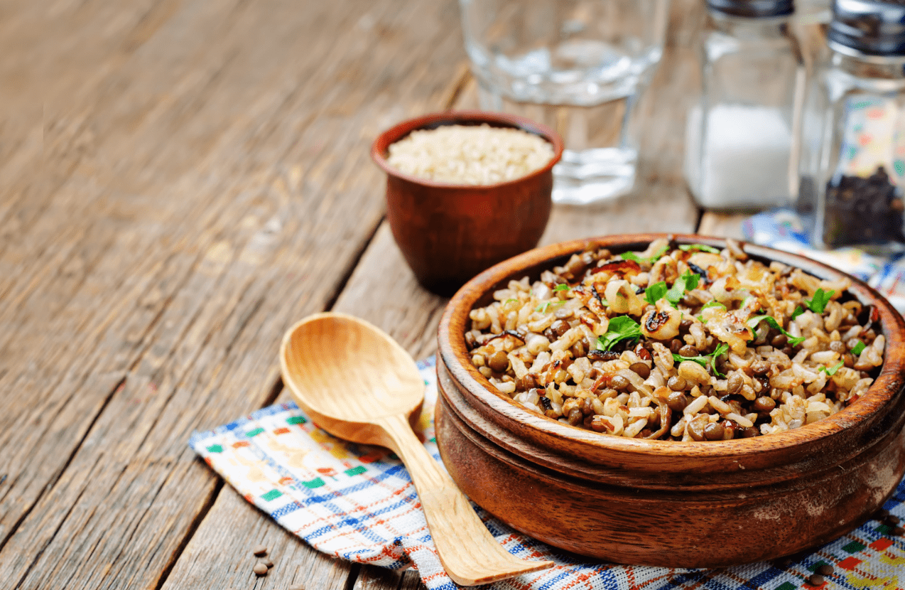 Persian Rice and Lentils with Caramelized Onions, Dates, and Raisins